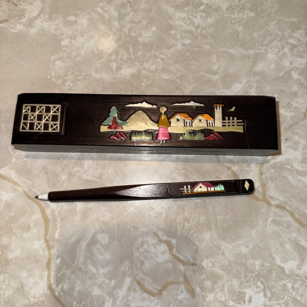 Handmade Wood Inlay Pencil Box&Pen Folding Puzzle Colombia Folk Art‎ Desk Office
